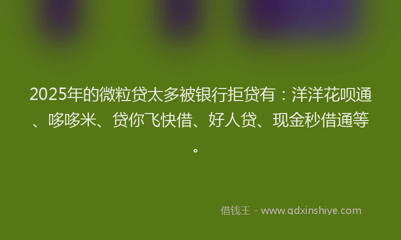 2025年的微粒贷太多被银行拒贷有:洋洋花呗通、哆哆米、贷你飞快借、好人贷、现金秒借通等。