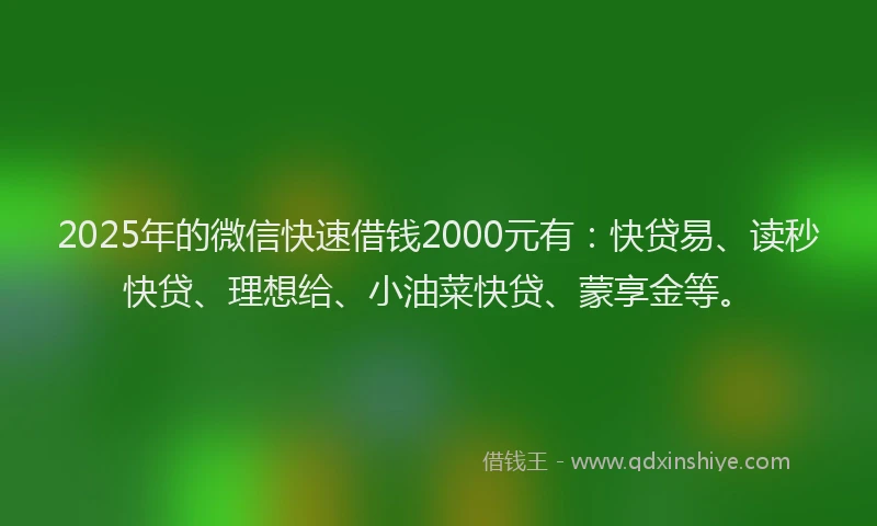 2025年的微信快速借钱2000元有：快贷易、读秒快贷、理想给、小油菜快贷、蒙享金等。