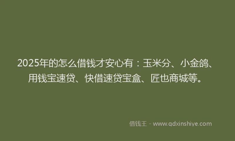 2025年的怎么借钱才安心有：玉米分、小金鸽、用钱宝速贷、快借速贷宝盒、匠也商城等。