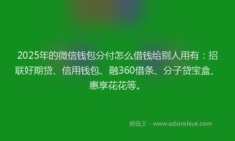 2025年的微信钱包分付怎么借钱给别人用有:招联好期贷、信用钱包、融360借条、分子贷宝盒、惠享花花等。