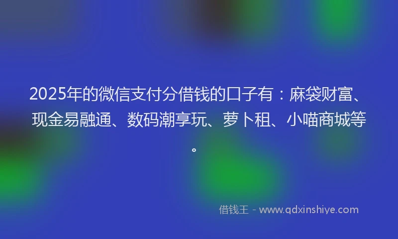 2025年的微信支付分借钱的口子有：麻袋财富、现金易融通、数码潮享玩、萝卜租、小喵商城等。