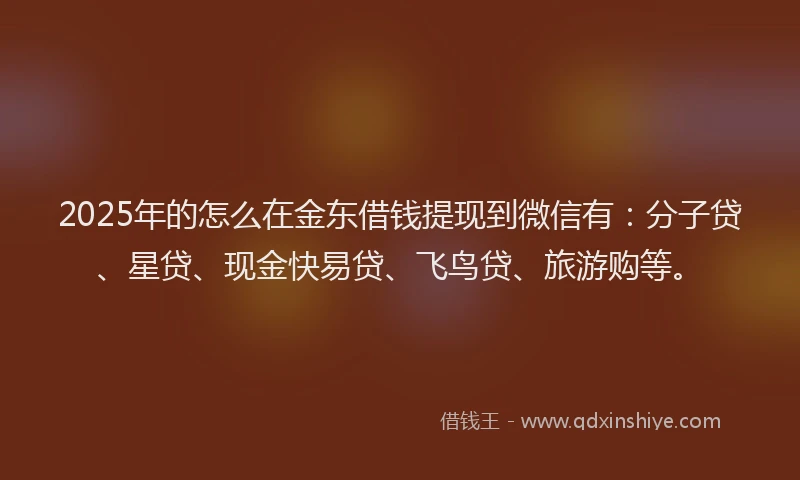 2025年的怎么在金东借钱提现到微信有:分子贷、星贷、现金快易贷、飞鸟贷、旅游购等。