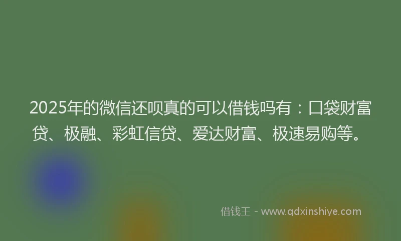2025年的微信还呗真的可以借钱吗有：口袋财富贷、极融、彩虹信贷、爱达财富、极速易购等。