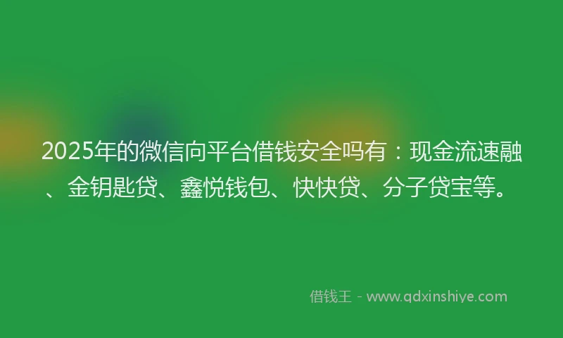 2025年的微信向平台借钱安全吗有：现金流速融、金钥匙贷、鑫悦钱包、快快贷、分子贷宝等。