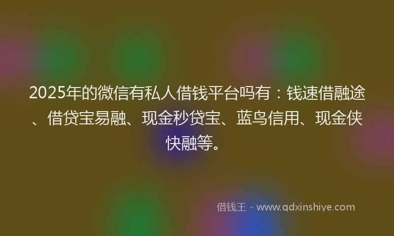 2025年的微信有私人借钱平台吗有：钱速借融途、借贷宝易融、现金秒贷宝、蓝鸟信用、现金侠快融等。