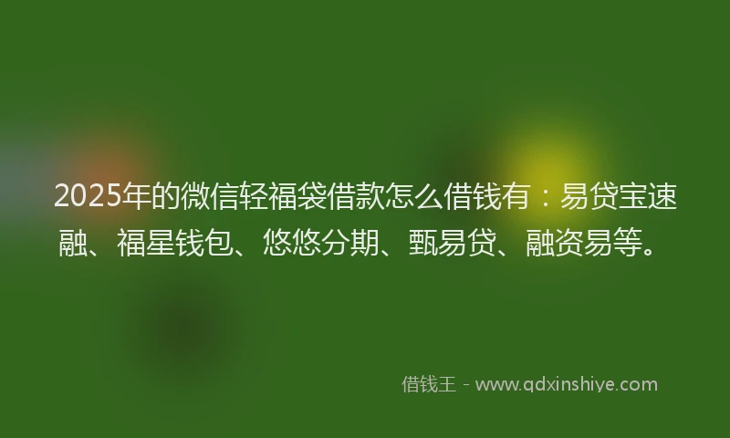 2025年的微信轻福袋借款怎么借钱有:易贷宝速融、福星钱包、悠悠分期、甄易贷、融资易等。