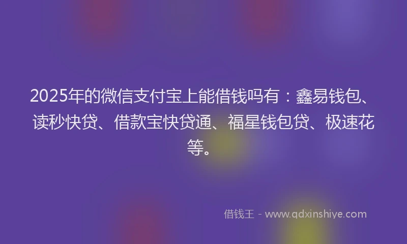 2025年的微信支付宝上能借钱吗有：鑫易钱包、读秒快贷、借款宝快贷通、福星钱包贷、极速花等。