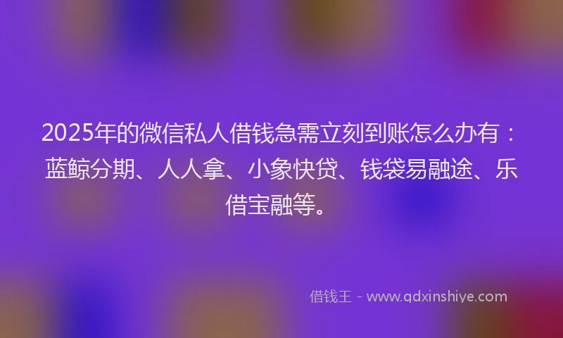 2025年的微信私人借钱急需立刻到账怎么办有:蓝鲸分期、人人拿、小象快贷、钱袋易融途、乐借宝融等。