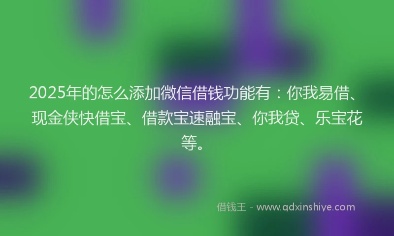 2025年的怎么添加微信借钱功能有:你我易借、现金侠快借宝、借款宝速融宝、你我贷、乐宝花等。