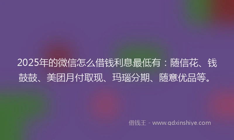 2025年的微信怎么借钱利息最低有：随信花、钱鼓鼓、美团月付取现、玛瑙分期、随意优品等。