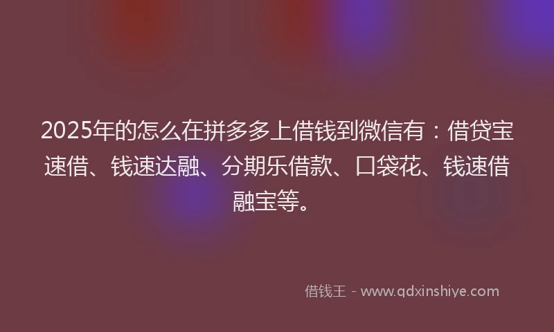 2025年的怎么在拼多多上借钱到微信有：借贷宝速借、钱速达融、分期乐借款、口袋花、钱速借融宝等。