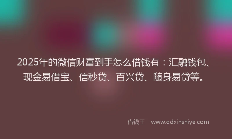 2025年的微信财富到手怎么借钱有：汇融钱包、现金易借宝、信秒贷、百兴贷、随身易贷等。