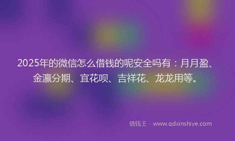 2025年的微信怎么借钱的呢安全吗有：月月盈、金瀛分期、宜花呗、吉祥花、龙龙用等。
