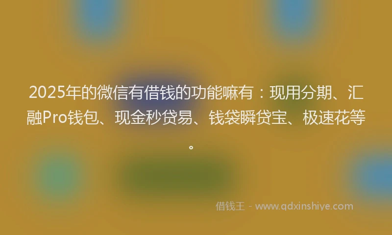 2025年的微信有借钱的功能嘛有：现用分期、汇融Pro钱包、现金秒贷易、钱袋瞬贷宝、极速花等。