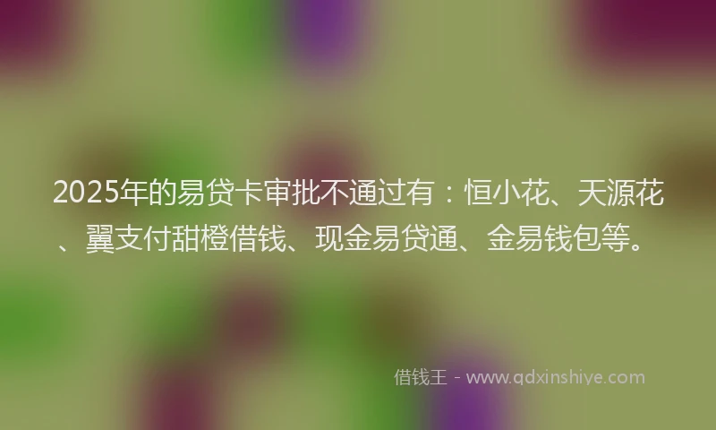 2025年的易贷卡审批不通过有：恒小花、天源花、翼支付甜橙借钱、现金易贷通、金易钱包等。