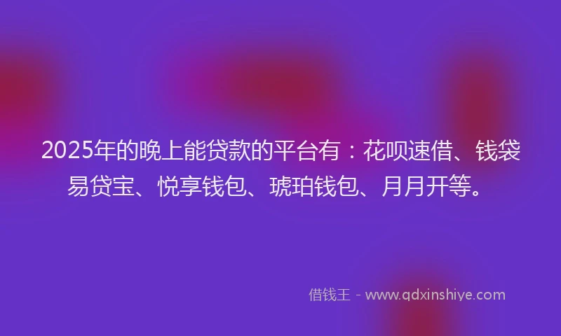 2025年的晚上能贷款的平台有：花呗速借、钱袋易贷宝、悦享钱包、琥珀钱包、月月开等。