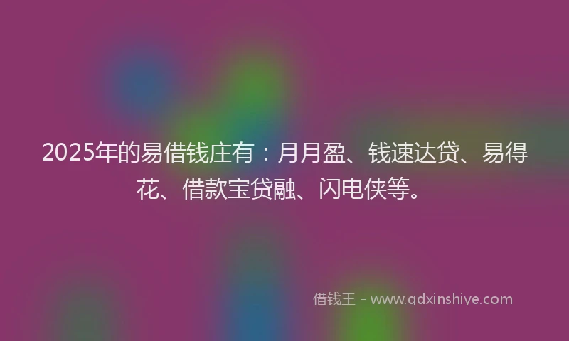 2025年的易借钱庄有：月月盈、钱速达贷、易得花、借款宝贷融、闪电侠等。