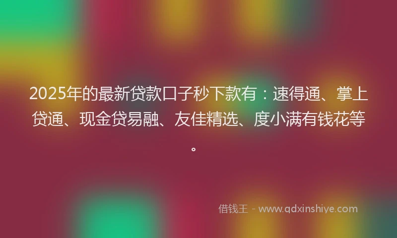 2025年的最新贷款口子秒下款有：速得通、掌上贷通、现金贷易融、友佳精选、度小满有钱花等。