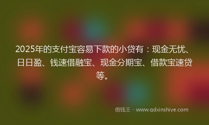 2025年的支付宝容易下款的小贷有：现金无忧、日日盈、钱速借融宝、现金分期宝、借款宝速贷等。
