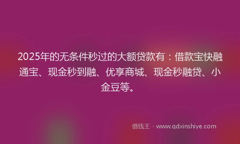 2025年的无条件秒过的大额贷款有：借款宝快融通宝、现金秒到融、优享商城、现金秒融贷、小金豆等。