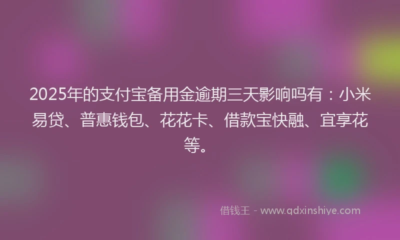 2025年的支付宝备用金逾期三天影响吗有：小米易贷、普惠钱包、花花卡、借款宝快融、宜享花等。