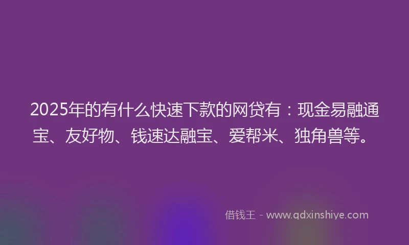 2025年的有什么快速下款的网贷有：现金易融通宝、友好物、钱速达融宝、爱帮米、独角兽等。