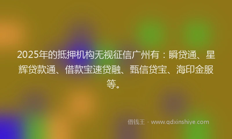 2025年的抵押机构无视征信广州有：瞬贷通、星辉贷款通、借款宝速贷融、甄信贷宝、海印金服等。