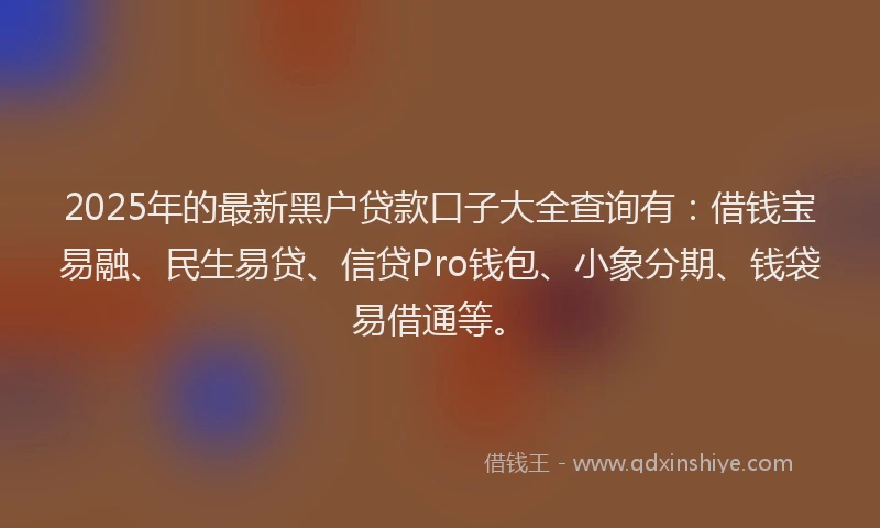 2025年的最新黑户贷款口子大全查询有：借钱宝易融、民生易贷、信贷Pro钱包、小象分期、钱袋易借通等。