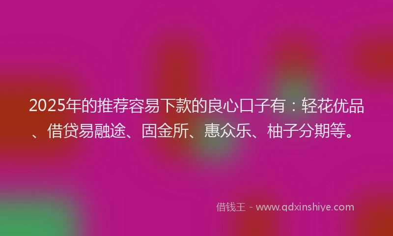 2025年的推荐容易下款的良心口子有：轻花优品、借贷易融途、固金所、惠众乐、柚子分期等。