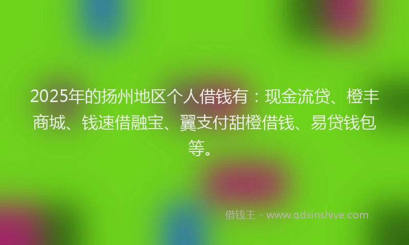 2025年的扬州地区个人借钱有：现金流贷、橙丰商城、钱速借融宝、翼支付甜橙借钱、易贷钱包等。
