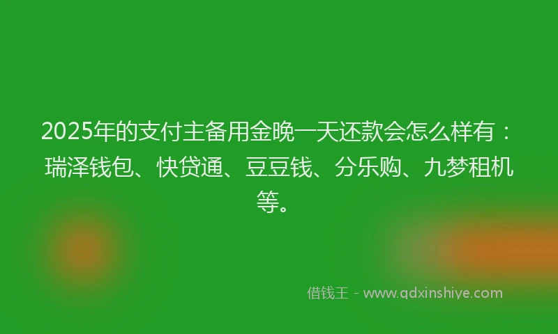 2025年的支付主备用金晚一天还款会怎么样有：瑞泽钱包、快贷通、豆豆钱、分乐购、九梦租机等。