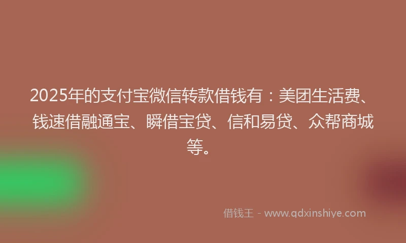 2025年的支付宝微信转款借钱有：美团生活费、钱速借融通宝、瞬借宝贷、信和易贷、众帮商城等。