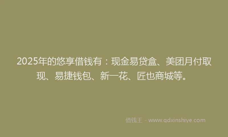 2025年的悠享借钱有：现金易贷盒、美团月付取现、易捷钱包、新一花、匠也商城等。