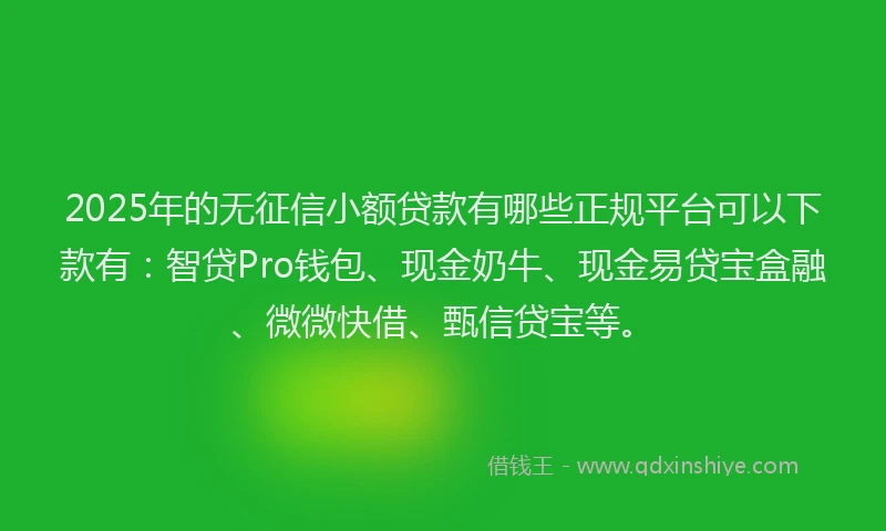 2025年的无征信小额贷款有哪些正规平台可以下款有：智贷Pro钱包、现金奶牛、现金易贷宝盒融、微微快借、甄信贷宝等。