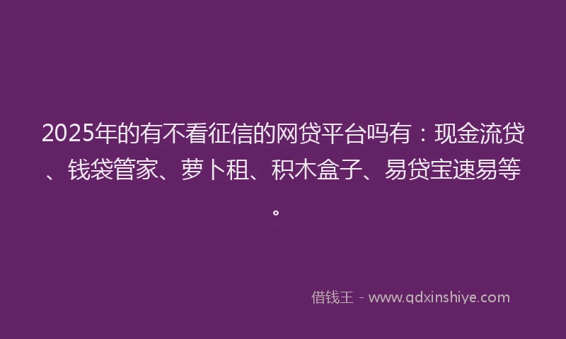 2025年的有不看征信的网贷平台吗有：现金流贷、钱袋管家、萝卜租、积木盒子、易贷宝速易等。