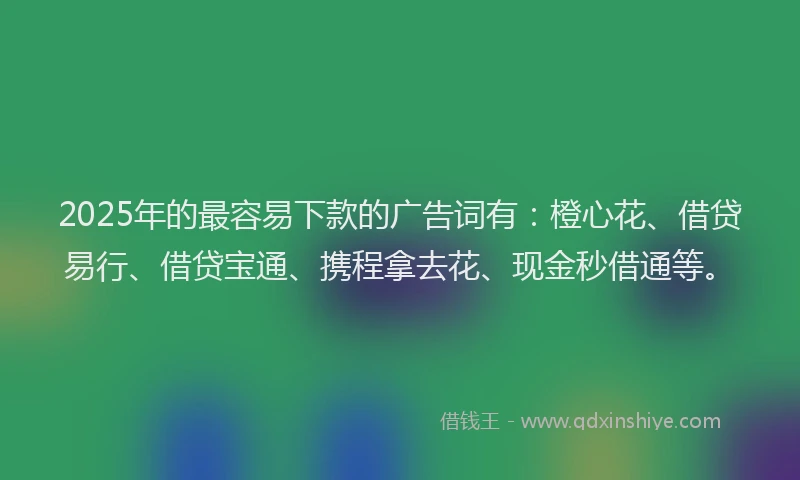2025年的最容易下款的广告词有：橙心花、借贷易行、借贷宝通、携程拿去花、现金秒借通等。