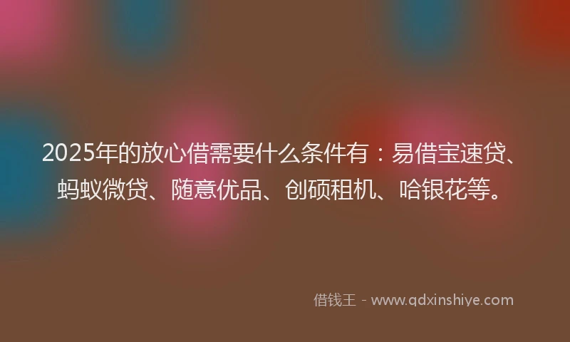 2025年的放心借需要什么条件有：易借宝速贷、蚂蚁微贷、随意优品、创硕租机、哈银花等。