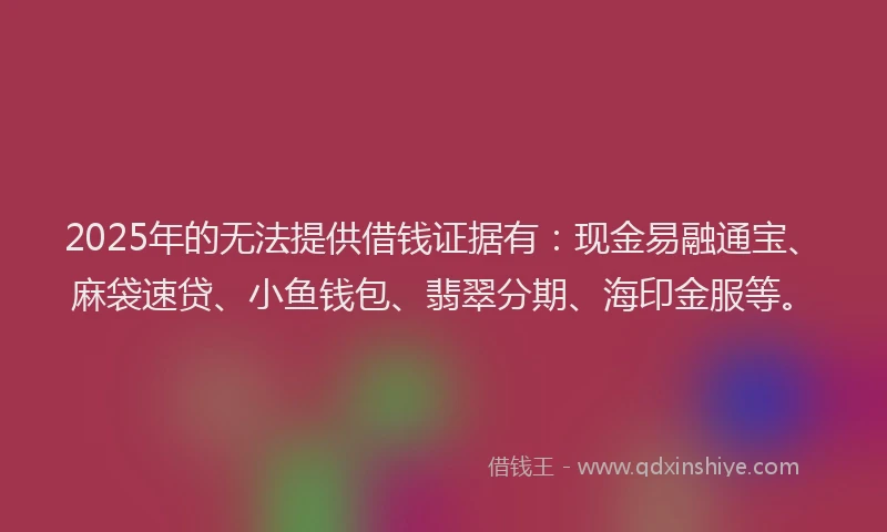 2025年的无法提供借钱证据有：现金易融通宝、麻袋速贷、小鱼钱包、翡翠分期、海印金服等。