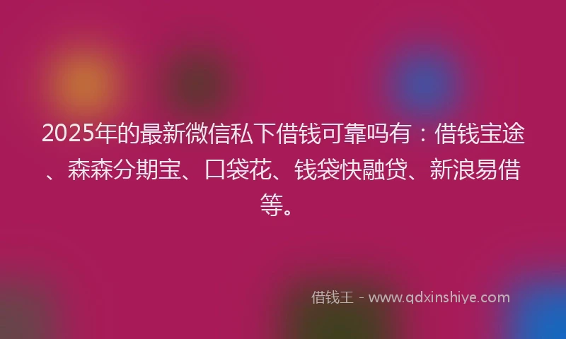 2025年的最新微信私下借钱可靠吗有：借钱宝途、森森分期宝、口袋花、钱袋快融贷、新浪易借等。
