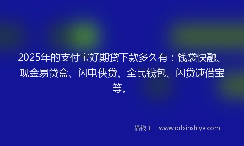 2025年的支付宝好期贷下款多久有：钱袋快融、现金易贷盒、闪电侠贷、全民钱包、闪贷速借宝等。