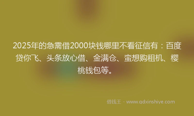 2025年的急需借2000块钱哪里不看征信有：百度贷你飞、头条放心借、金满仓、蛮想购租机、樱桃钱包等。