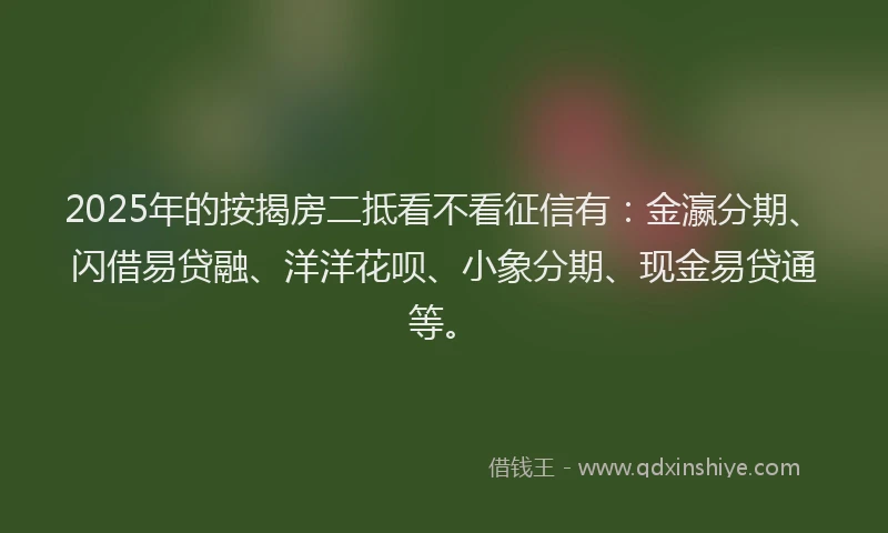 2025年的按揭房二抵看不看征信有：金瀛分期、闪借易贷融、洋洋花呗、小象分期、现金易贷通等。