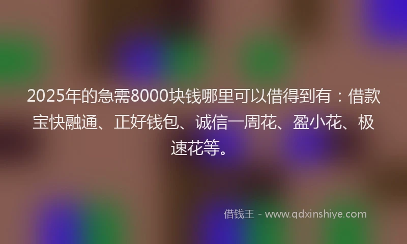 2025年的急需8000块钱哪里可以借得到有：借款宝快融通、正好钱包、诚信一周花、盈小花、极速花等。