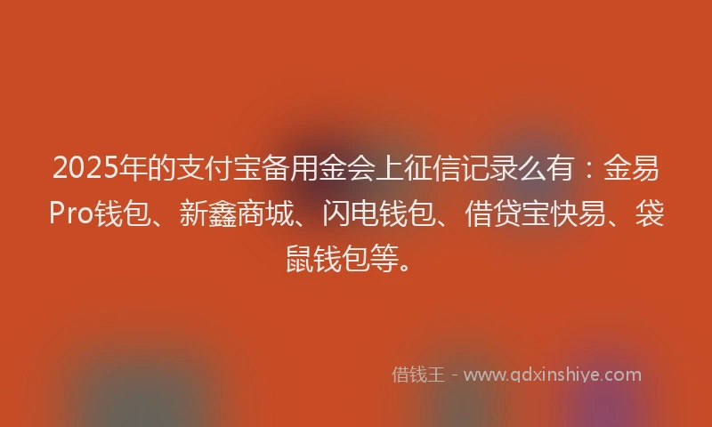 2025年的支付宝备用金会上征信记录么有：金易Pro钱包、新鑫商城、闪电钱包、借贷宝快易、袋鼠钱包等。