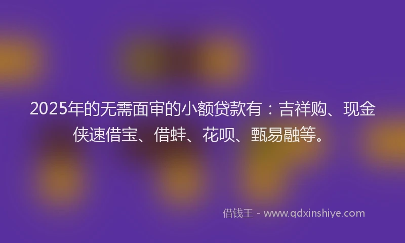2025年的无需面审的小额贷款有：吉祥购、现金侠速借宝、借蛙、花呗、甄易融等。