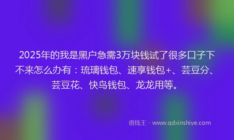 2025年的我是黑户急需3万块钱试了很多口子下不来怎么办有：琉璃钱包、速享钱包+、芸豆分、芸豆花、快鸟钱包、龙龙用等。