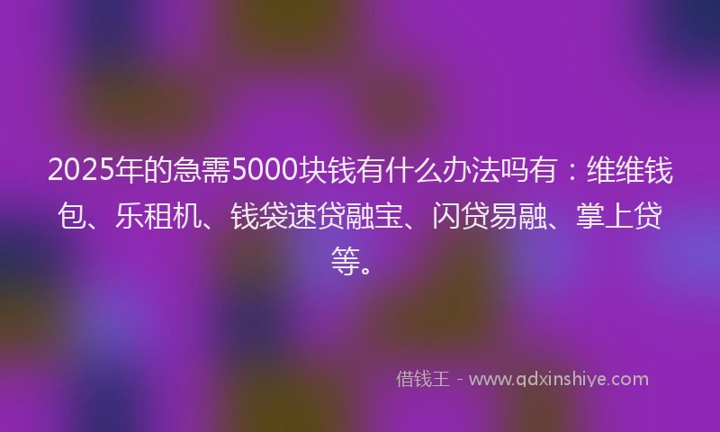 2025年的急需5000块钱有什么办法吗有：维维钱包、乐租机、钱袋速贷融宝、闪贷易融、掌上贷等。