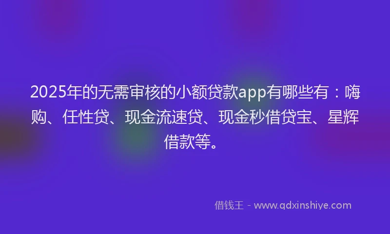 2025年的无需审核的小额贷款app有哪些有：嗨购、任性贷、现金流速贷、现金秒借贷宝、星辉借款等。