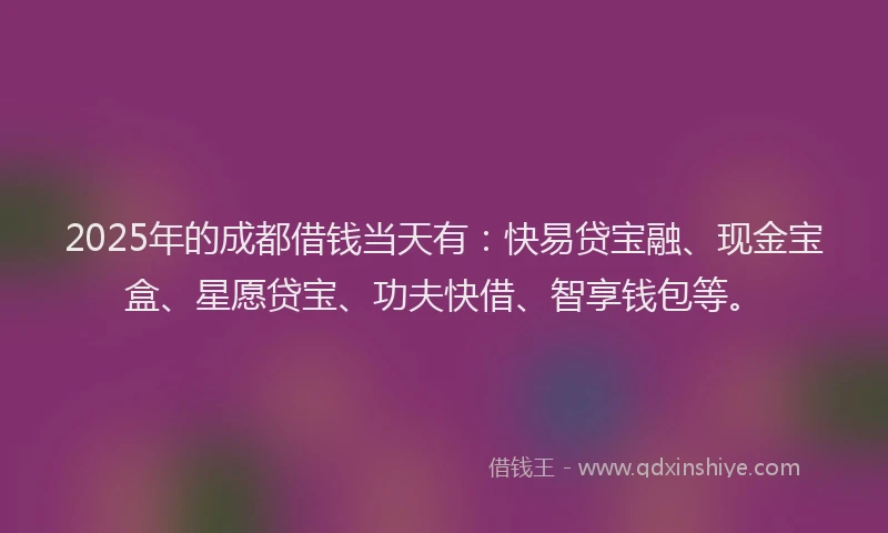 2025年的成都借钱当天有：快易贷宝融、现金宝盒、星愿贷宝、功夫快借、智享钱包等。