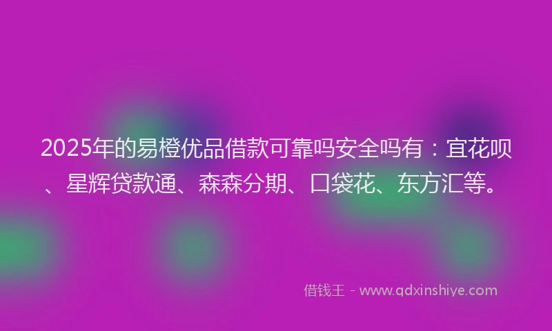 2025年的易橙优品借款可靠吗安全吗有：宜花呗、星辉贷款通、森森分期、口袋花、东方汇等。
